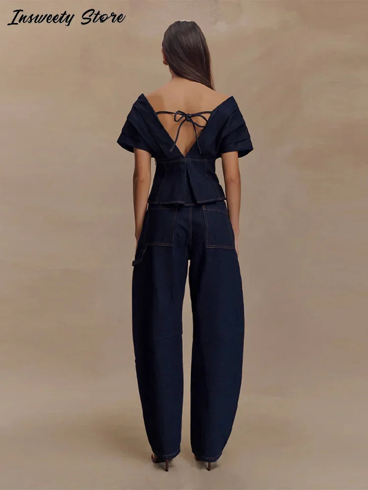 Fashion Denim Pant Set Women's V-Neck Lace Up Backless Pleated Top High Waist Wide Leg Jeans 2025 Summer Chic Lady Outfit