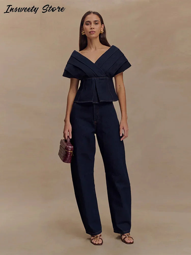 Fashion Denim Pant Set Women's V-Neck Lace Up Backless Pleated Top High Waist Wide Leg Jeans 2025 Summer Chic Lady Outfit