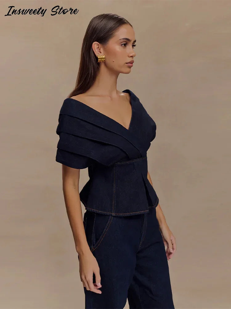 Fashion Denim Pant Set Women's V-Neck Lace Up Backless Pleated Top High Waist Wide Leg Jeans 2025 Summer Chic Lady Outfit