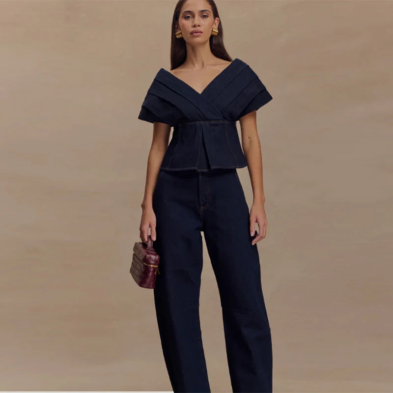 Fashion Denim Pant Set Women's V-Neck Lace Up Backless Pleated Top High Waist Wide Leg Jeans 2025 Summer Chic Lady Outfit
