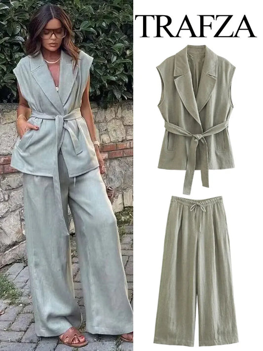 TRAFZA Women 2 Piece Set Fashion Lapel Sleeveless Vests Slim Belt Vest Top+Vintage Drawstring High Waist Casual Wide Leg Pant